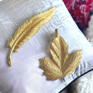 MONET Pin Lot of 2 Feather & Maple Leaf Brooch Textured Gold Tone Vintage Estate